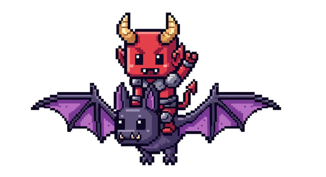 Pixel Art Devil Riding a Bat Character.