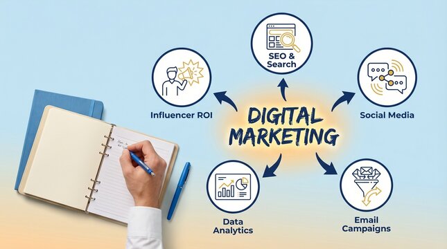 A hand holding a pen over a notebook with a digital marketing concept diagram in the background
