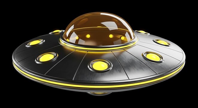 Metallic flying saucer with a transparent dome and glowing yellow lights against a black backdrop