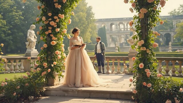 Romantic scene in a garden with a woman reading a book and a man standing nearby.