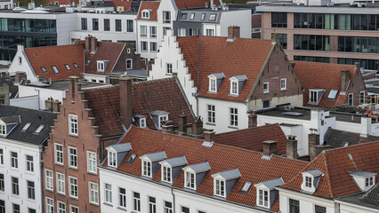 Obraz premium A daytime aerial view of a densely packed cluster of traditional and modern buildings with red and gray roofs in a European city landscape.
