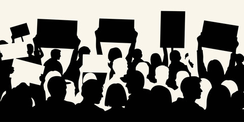 A crowd of people protesting with signs and banners in the city streets © Dhani