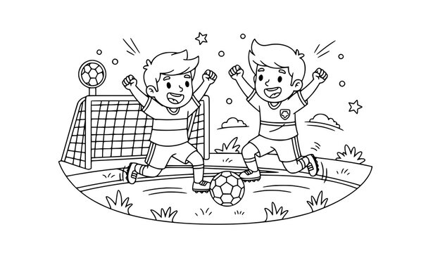 Future football players kids coloring page with two boys playing soccer and celebrating outline vector