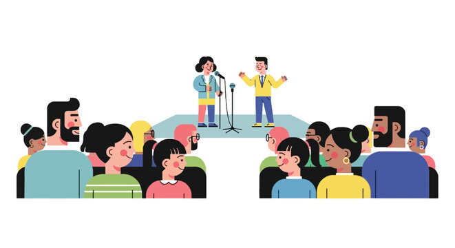 People listening to speakers on stage.