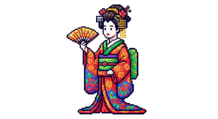 Obraz premium Pixel Art Geisha Holding a Fan in Traditional Kimono.
