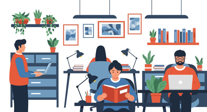 People working and studying in a modern office environment.