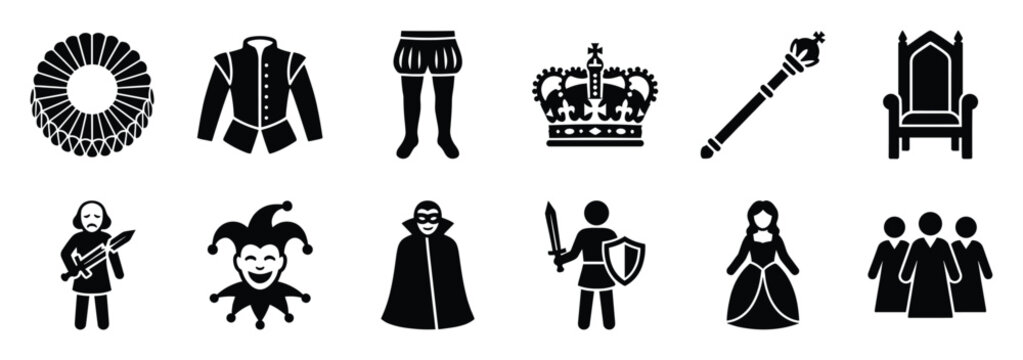 Collection of black silhouette icons representing historical royal attire, medieval characters, and theatre elements perfect for storytelling, educational materials, and period drama visuals