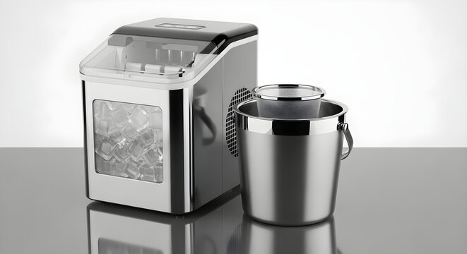 A shiny ice maker machine and metal bucket sit on a reflective surface indoors.