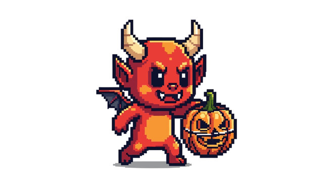 Pixel Art Cute Little Devil Holding Halloween Pumpkin.
