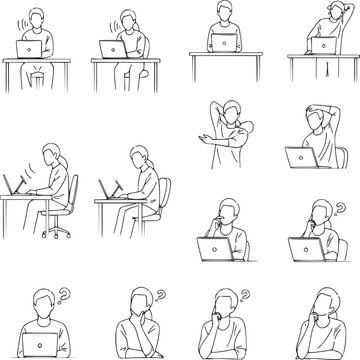 Diverse people working on laptops in office and home settings line art illustration
