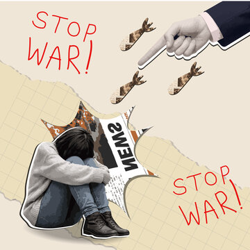 Stop War Conceptual Collage. Sad Woman, Falling Bombs and Global Conflict News