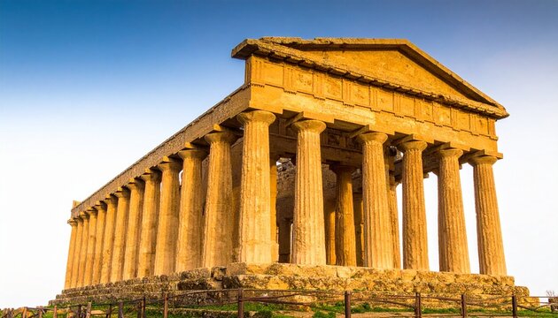 "Ancient Greek temple with fluted stone columns and triangular pediment under warm sunlight"