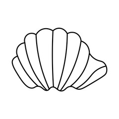 Simple black and white line art illustration of a bivalve seashell with prominent ridges, depicted in an outline style. © AEEOSS
