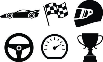 Naklejka premium Racing icons set car helmet flag and accessories in black silhouette