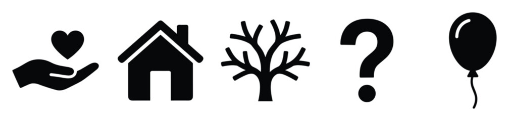 Fototapeta premium Conceptual black silhouette icons representing care, home, nature, inquiry, and celebration provide versatile visual metaphors for various communication needs