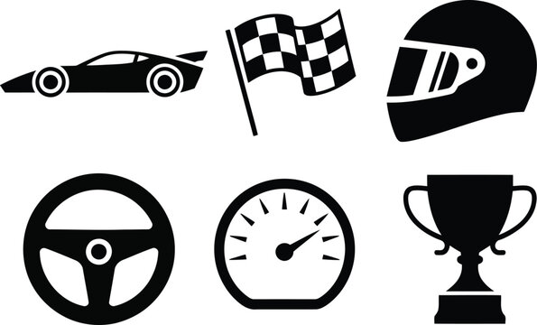 Racing icons set car helmet flag and accessories in black silhouette