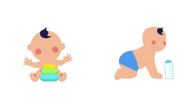 Baby eating food from small bowl. Baby activity Icon concept. Full length Icon animation illustration. High quality&nbsp;4k&nbsp;footage