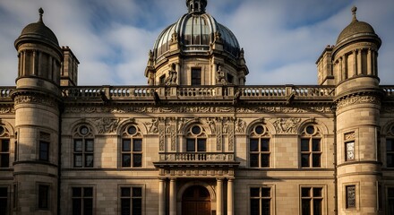 Obraz premium Majestic Dome-Topped Historic Building with Twin Corner Towers, Arched Windows, and Sculpted Frieze, Bathed in Golden Light, Representing the Monumental Neoclassical and Baroque Influences of a Europe