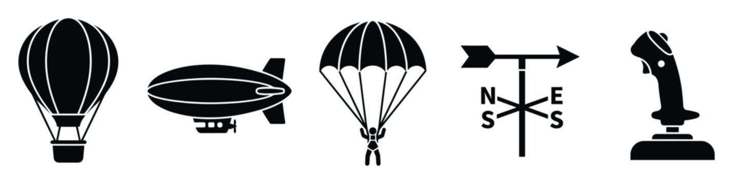 Aviation and weather symbols collection featuring hot air balloon, blimp, parachute, weathervane, and joystick for flight simulation or aerial travel themes