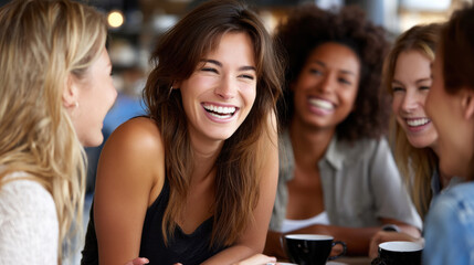 Obraz premium Young adult woman laughter happy friends coffee shop casual meeting female group candid smile social gathering friendship diverse people daytime light joyful energy relaxed atmosphere conversation