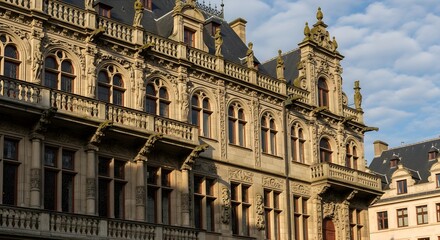 Fototapeta premium Ornate Historic Stone Building with Tall Windows, Balconies, and Richly Carved Cornices Catching Warm Evening Light, Evoking the Grand Character and Decorative Detail of Nineteenth Century European Ci