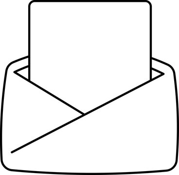 Black and white line art illustration of an open envelope with a blank sheet of paper partially visible, representing mail, message, or communication.