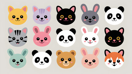 Obraz premium Cute Kawaii Animal Faces in a Grid Arrangement with Soft Pastel Colors