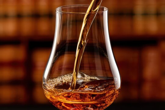 Whiskey being poured in glass with transparent background close up view.