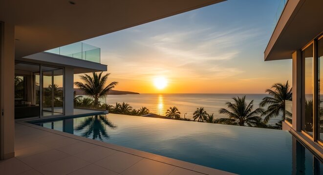 Luxury modern villa overlooking sunset with infinity pool and tropical palm trees.