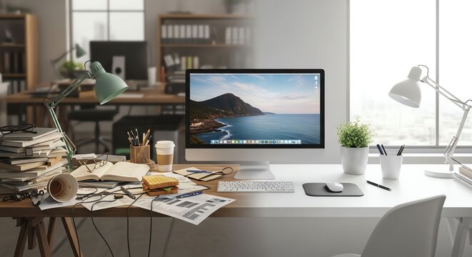 Modern home office workspace with computer and natural light.