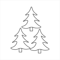 Obraz premium Outline drawing of three simple evergreen trees arranged in a triangular pattern on a white background, suitable for a coloring book or icon.