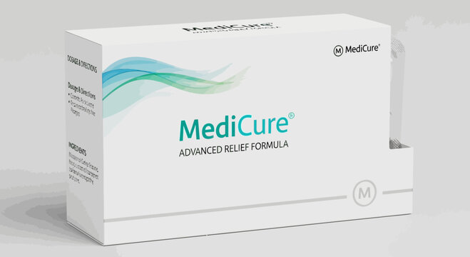 MediCure packaging, pharmaceutical box design, medication carton, health supplement vector