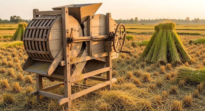 Vintage threshing machine in a rural wheat field during sunset.