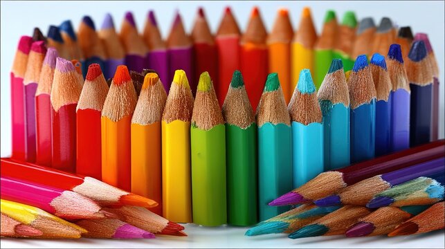 Close-up of colored pencils arranged in open circle on pure white background. Color gradient and symmetrical composition, minimal still life art.