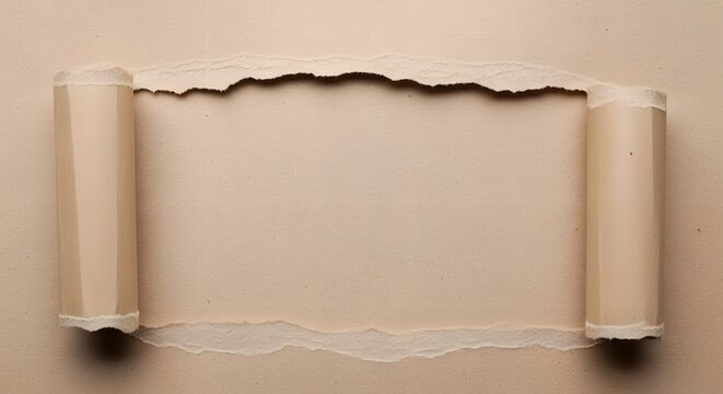 Torn paper scroll with empty space for text or design on beige background