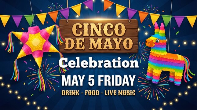 Cinco de Mayo Celebration Vector Poster with Pinata, Star Fireworks, and Party Bunting on Blue Radial Background &ndash; May 5th Event Flyer Template