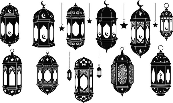Ramadan lantern silhouettes vector set, islamic decorative lanterns collection, arabic hanging lamps, eid mubarak design elements, traditional festival illustration pack