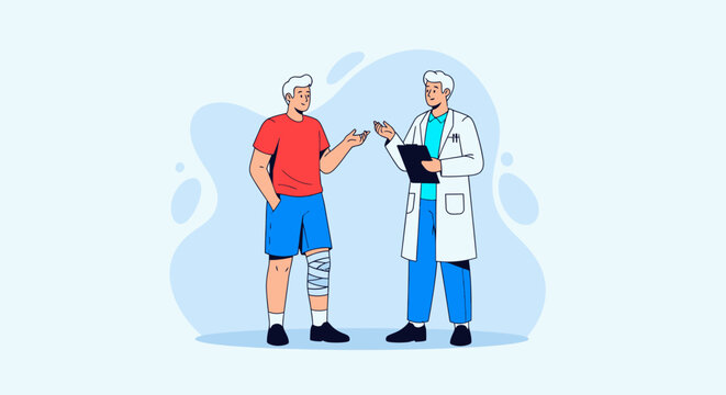 Medical consultation, doctor and patient discussion, healthcare professionals, injury examination, orthopedic checkup