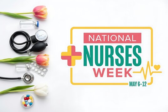 National nurses week celebration with medical tools and floral arrangement on a white surface