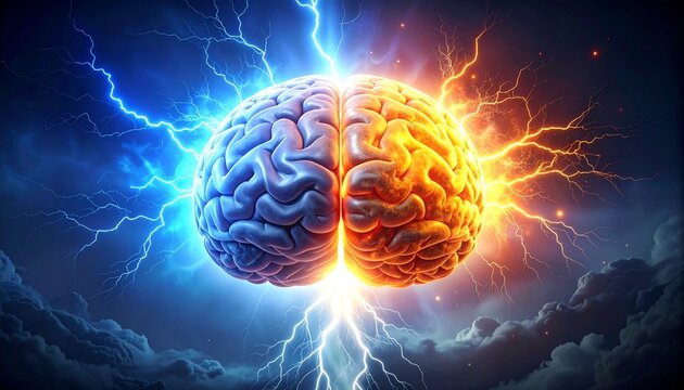 A vivid brain illustration glowing with electric energy, symbolizing the duality of logic and creativity, analytical versus emotional thought, and the dynamic power of cognition.
