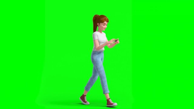 3D Animated Cartoon Woman in Causal T-Shirt and Jeans Using Mobile Phone Camera to Take Pictures on Green Background.
