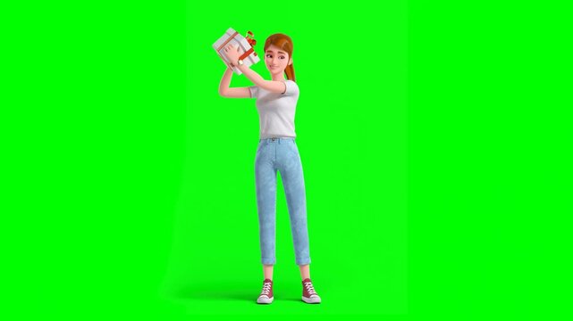 3D Animated Cartoon Woman in Causal T-Shirt and Jeans Standing Holding Surprise Gift Box Checking It Shaking It Happily on Green Background.