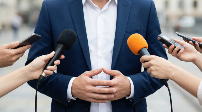 Politician answers questions from reporters at a press conference with microphones and recorders outdoors
