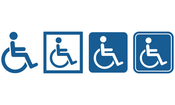 Handicap accessible sign icons in blue square frames for disability awareness and public facilities