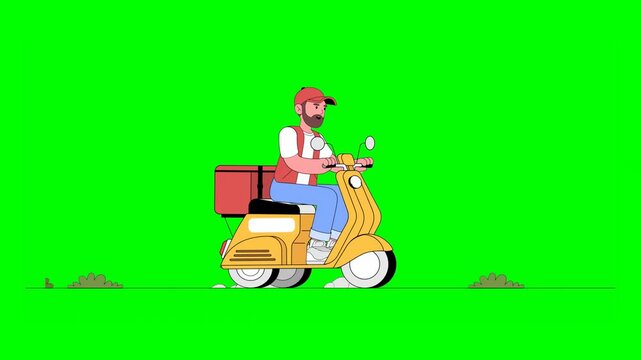 2D Animated Deliveryman Riding Yellow Moped Carrying Delivery Bag Waving to Passersby on Loop on Green Background