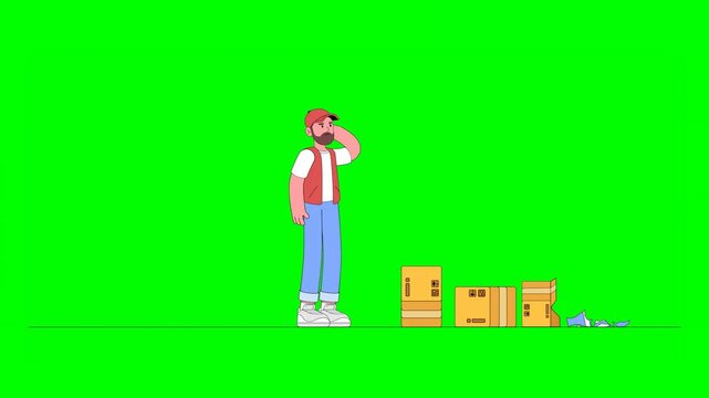 2D Illustration of Deliveryman Carrying Multiple Stacked Parcels Tripping Felling Parcels Breaking Vase on Green Background