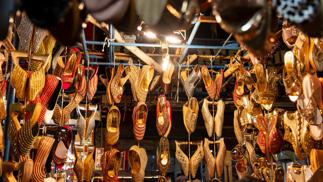 Indian market selling traditional embroidered jutti mojari shoes