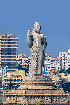 Buddha statue on Hussain Sagar Lake Hyderabad skyline
