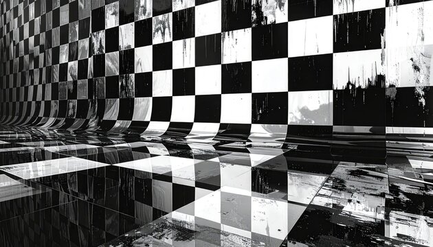 A striking black and white checkered tunnel creates a disorienting and visually captivating perspective.