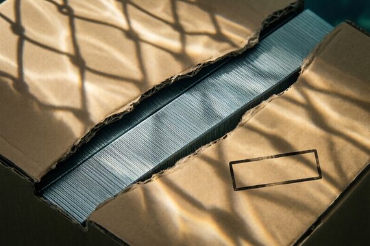 Torn cardboard box revealing metal staples with mesh shadows on surface